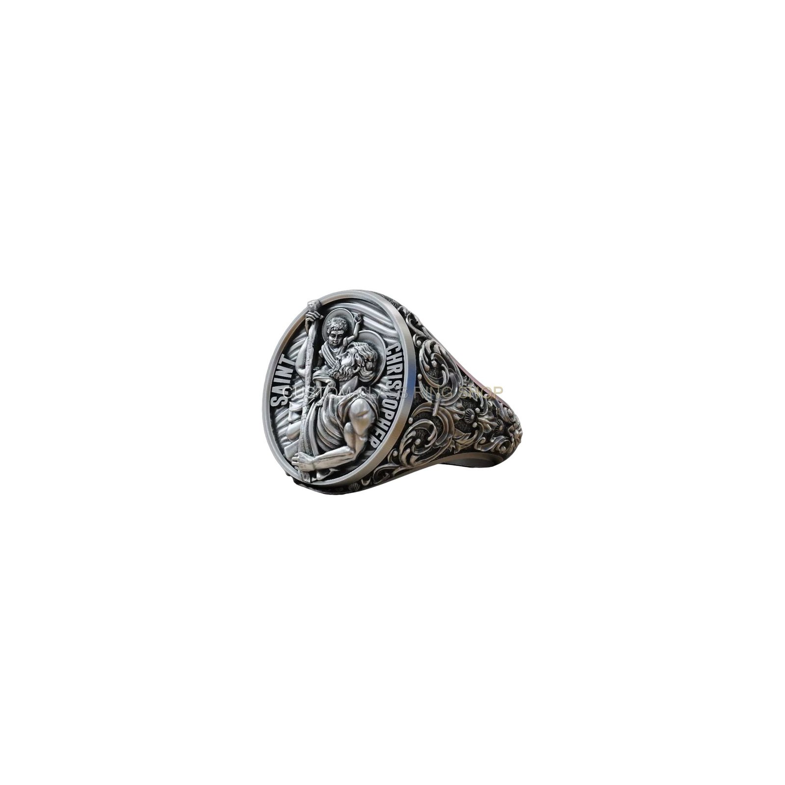 Sterling silver saint christopher signet ring, carved three-quarter angled view