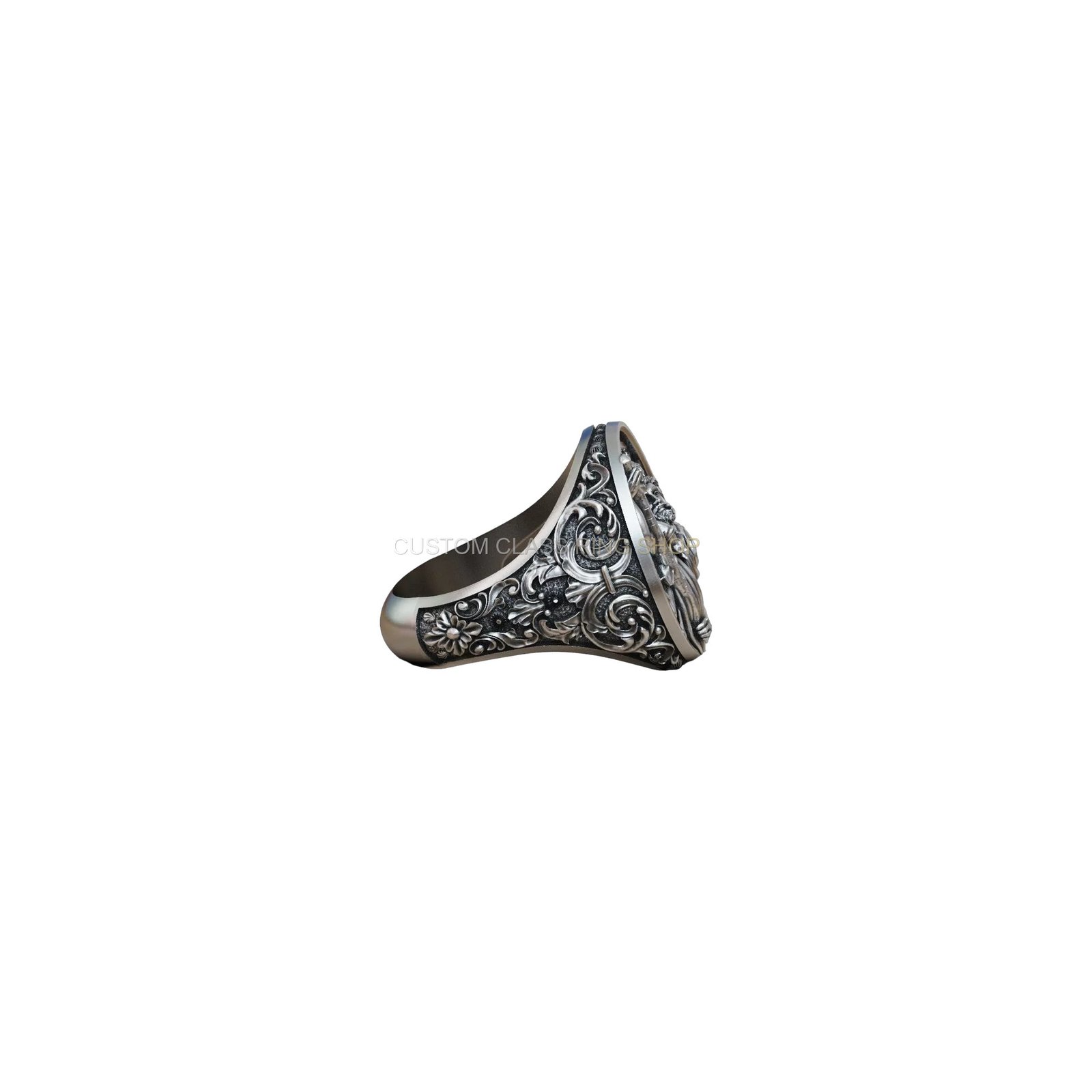 Sterling silver saint christopher signet ring, ornate filigree shoulders profile