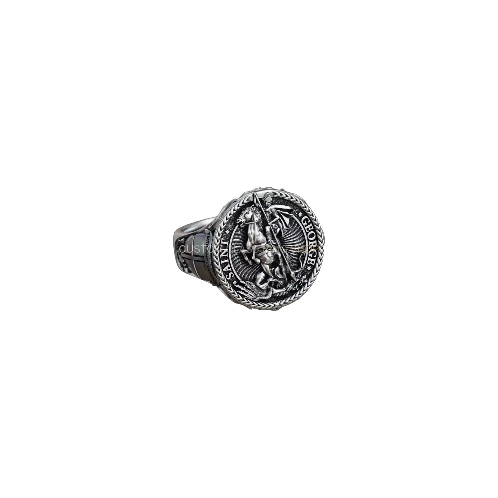 Sterling silver saint george dragon ring, three-quarter angled view