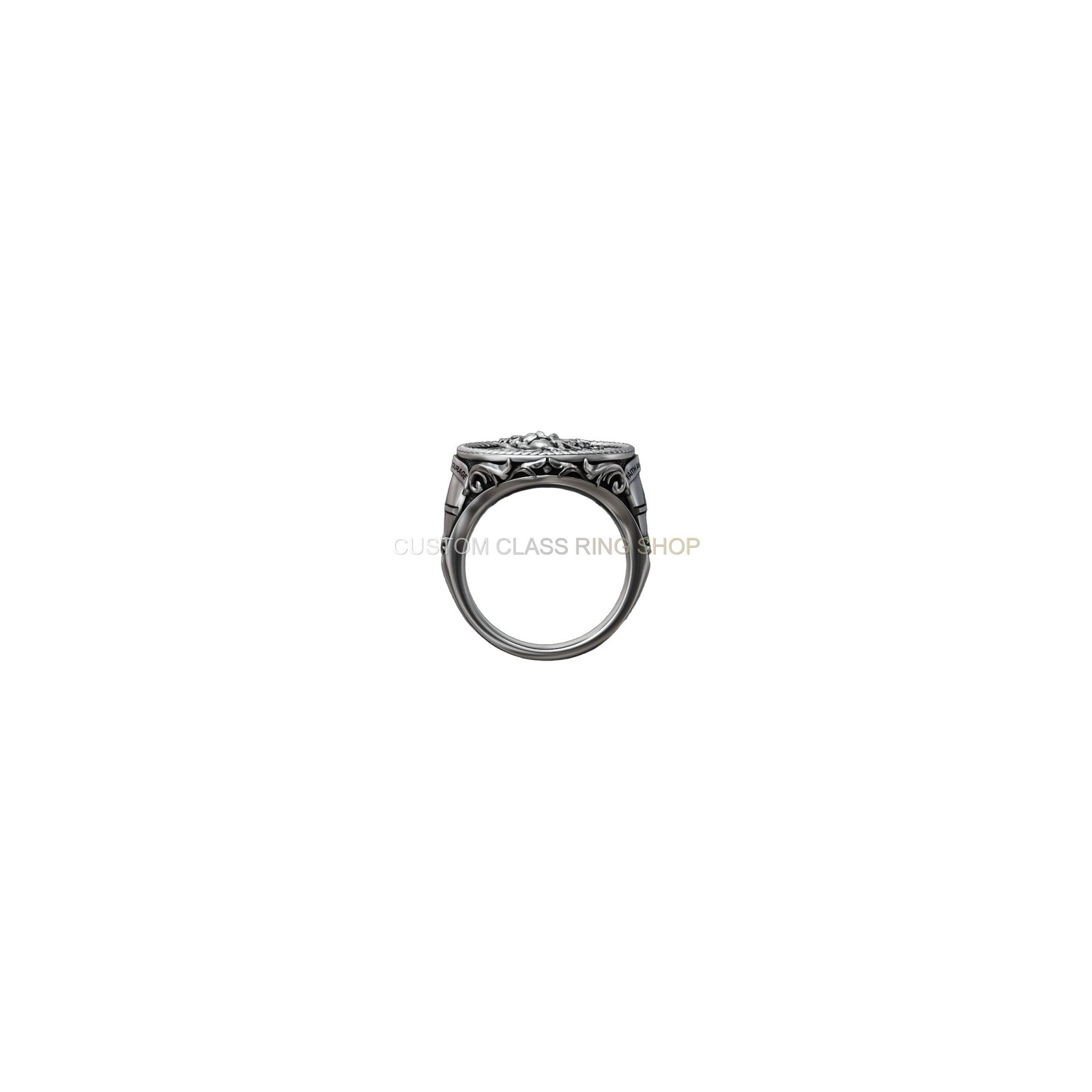Sterling silver saint george dragon ring, top-down band perspective
