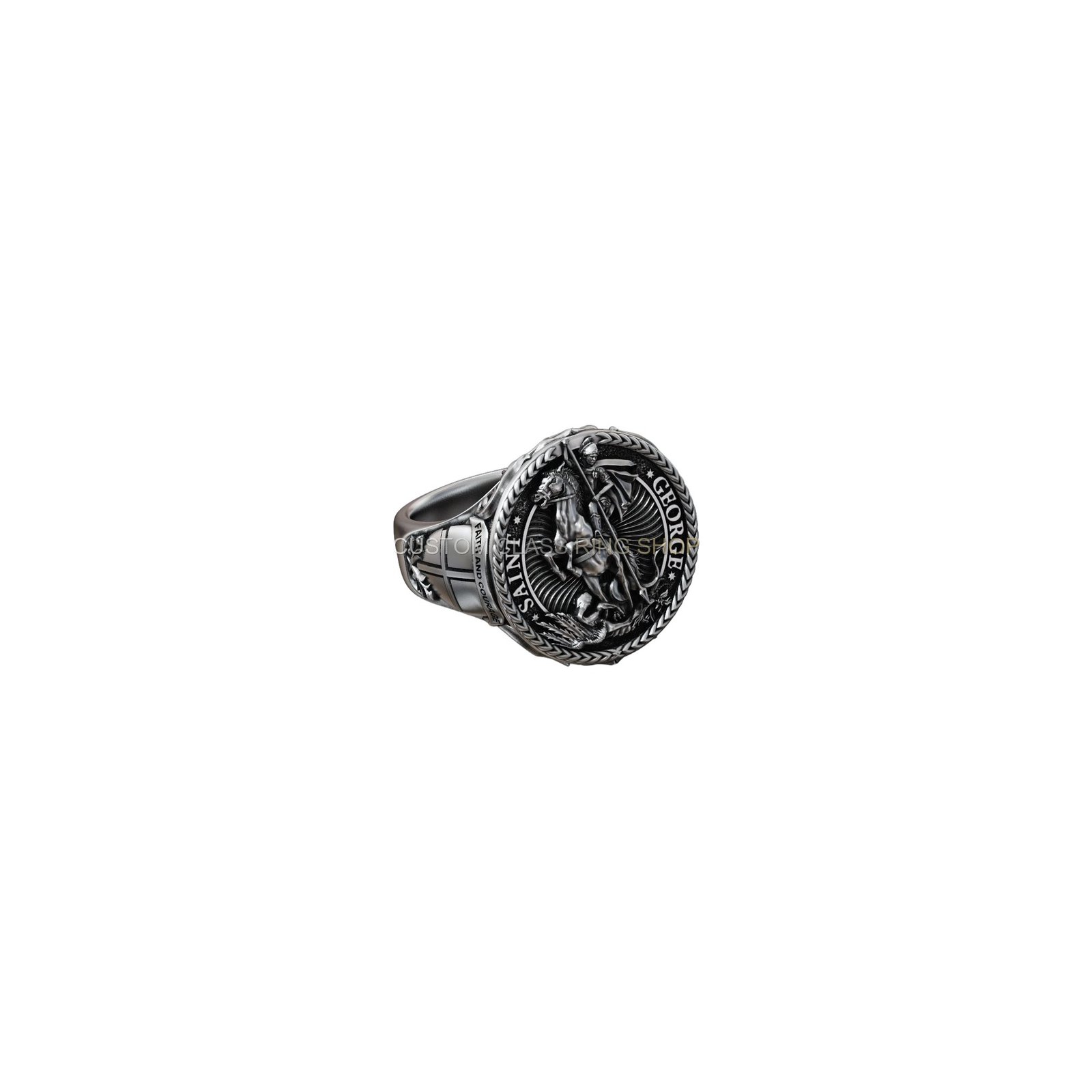Sterling silver saint george dragon ring, angled three-quarter detail