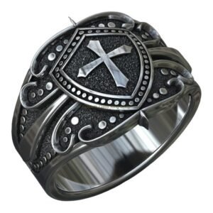 Sterling silver shield cross ring with beaded border and side scrollwork