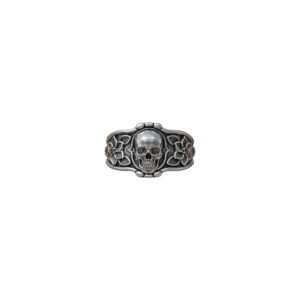 Mens sterling silver skull flowers ring with ornate floral borders