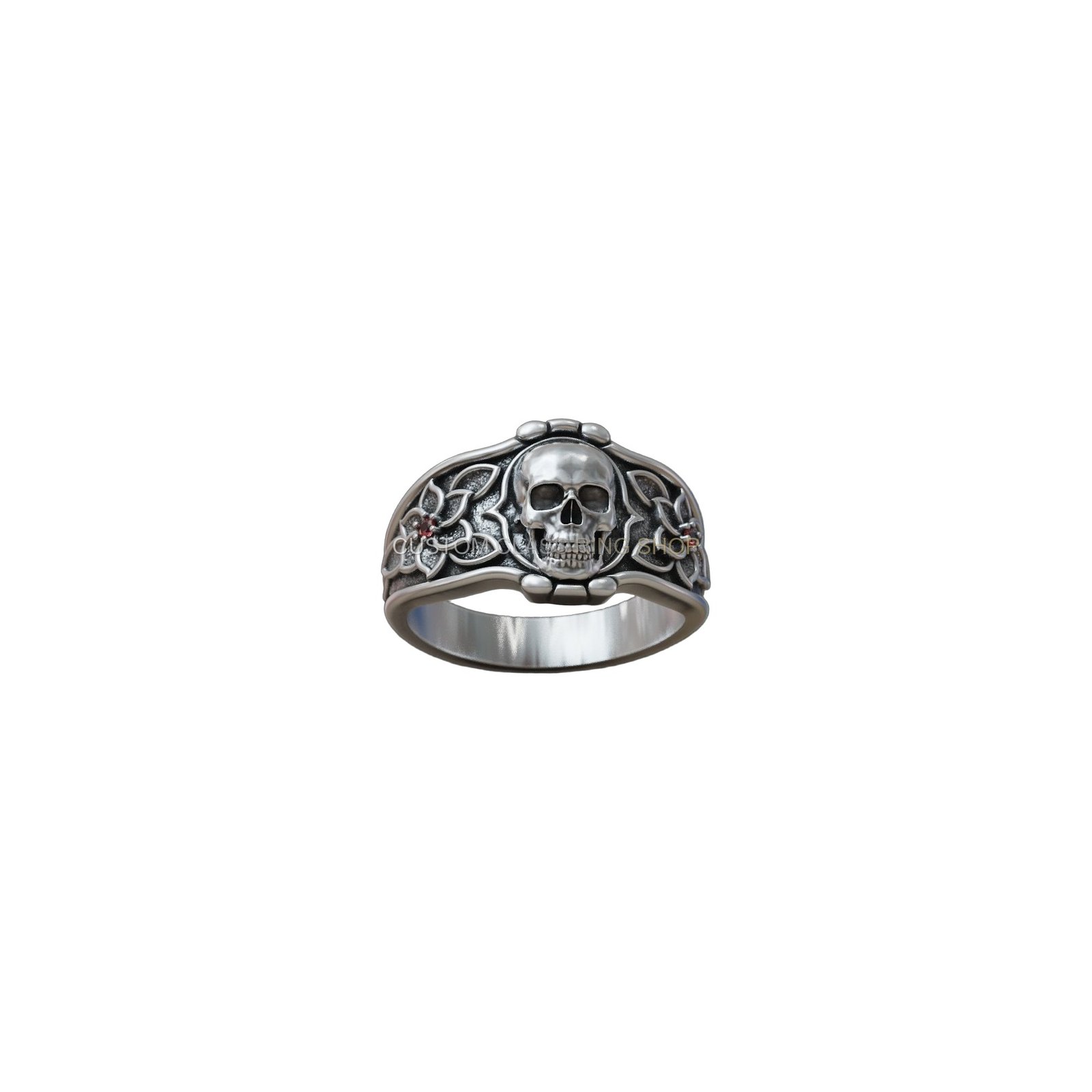 Mens sterling silver skull flowers ring, side profile angled view