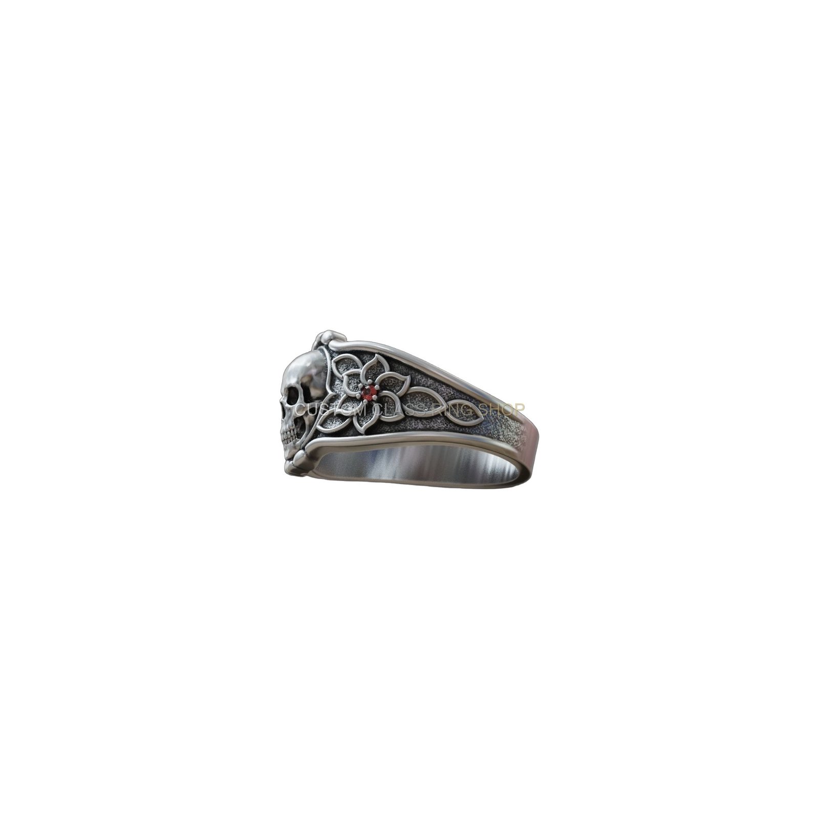 Mens sterling silver skull flowers ring, three-quarter perspective