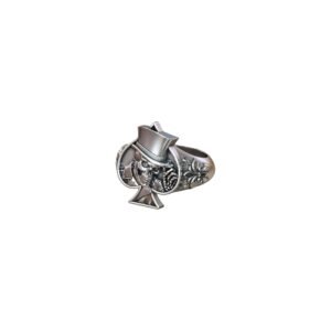 Oxidized 925 sterling silver skull spades playing card ring with top hat