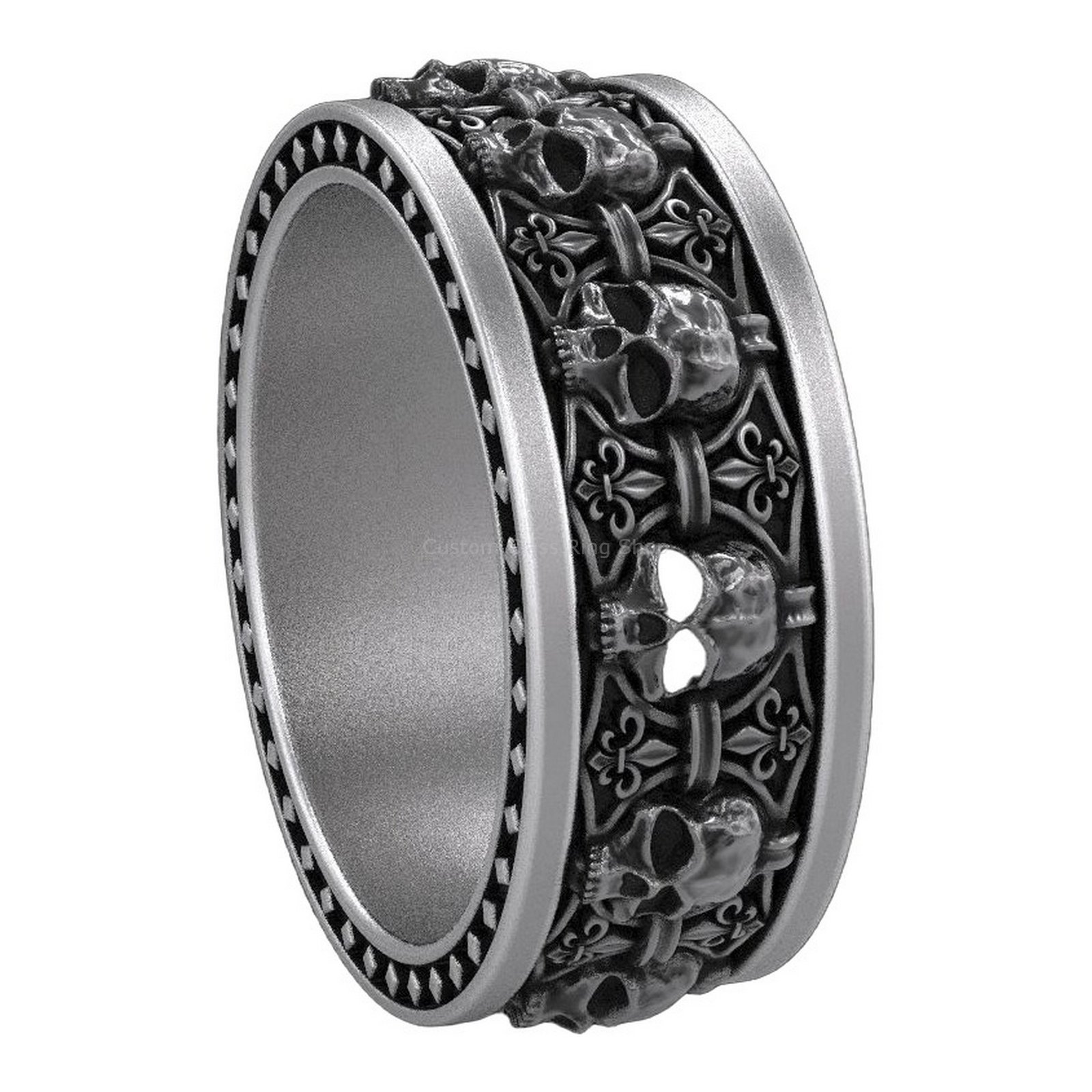 Sterling silver skull heraldic lily ring, side profile three-quarter view
