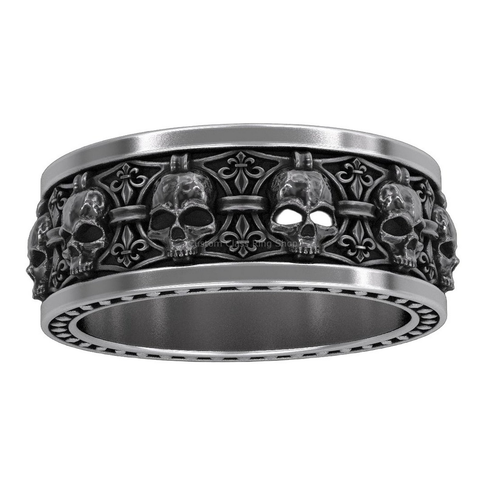 sterling silver skull heraldic lily ring oxidized antique finish