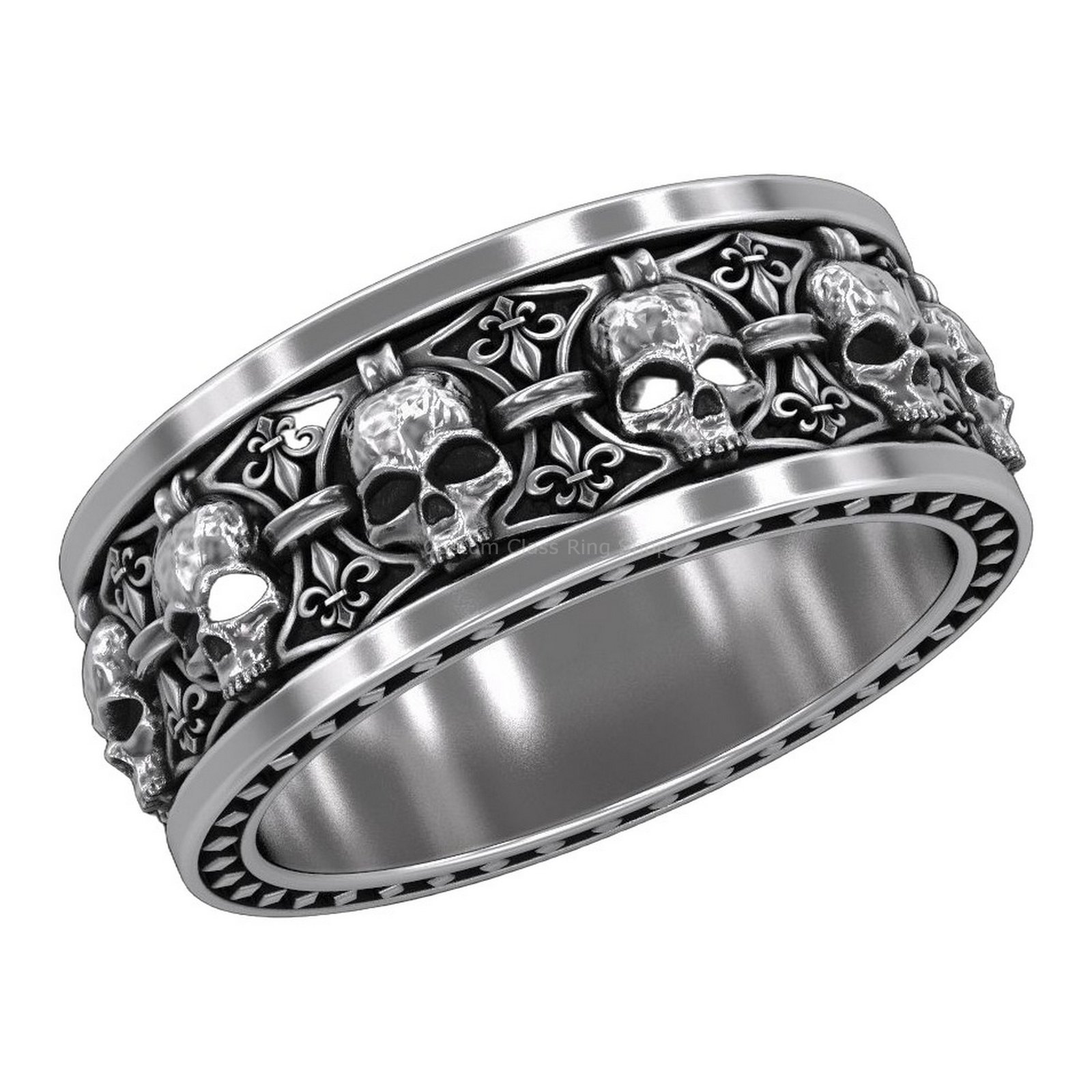 Sterling silver skull heraldic lily ring, angled three-quarter front view