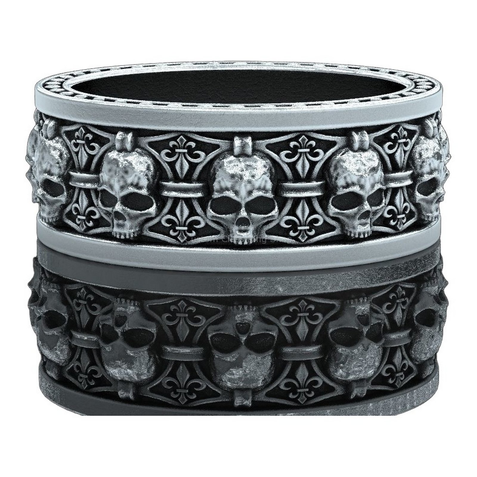 Sterling silver skull heraldic lily ring, straight front facing view