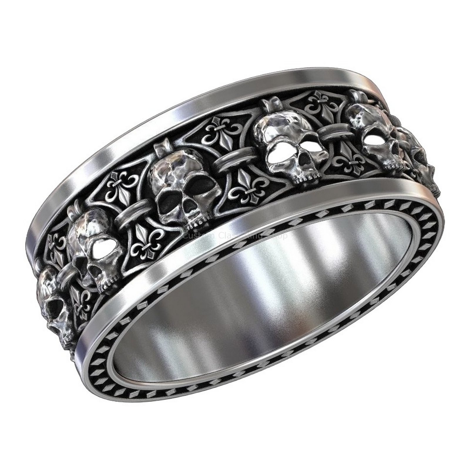 Sterling silver skull heraldic lily ring, detail side band and shoulders