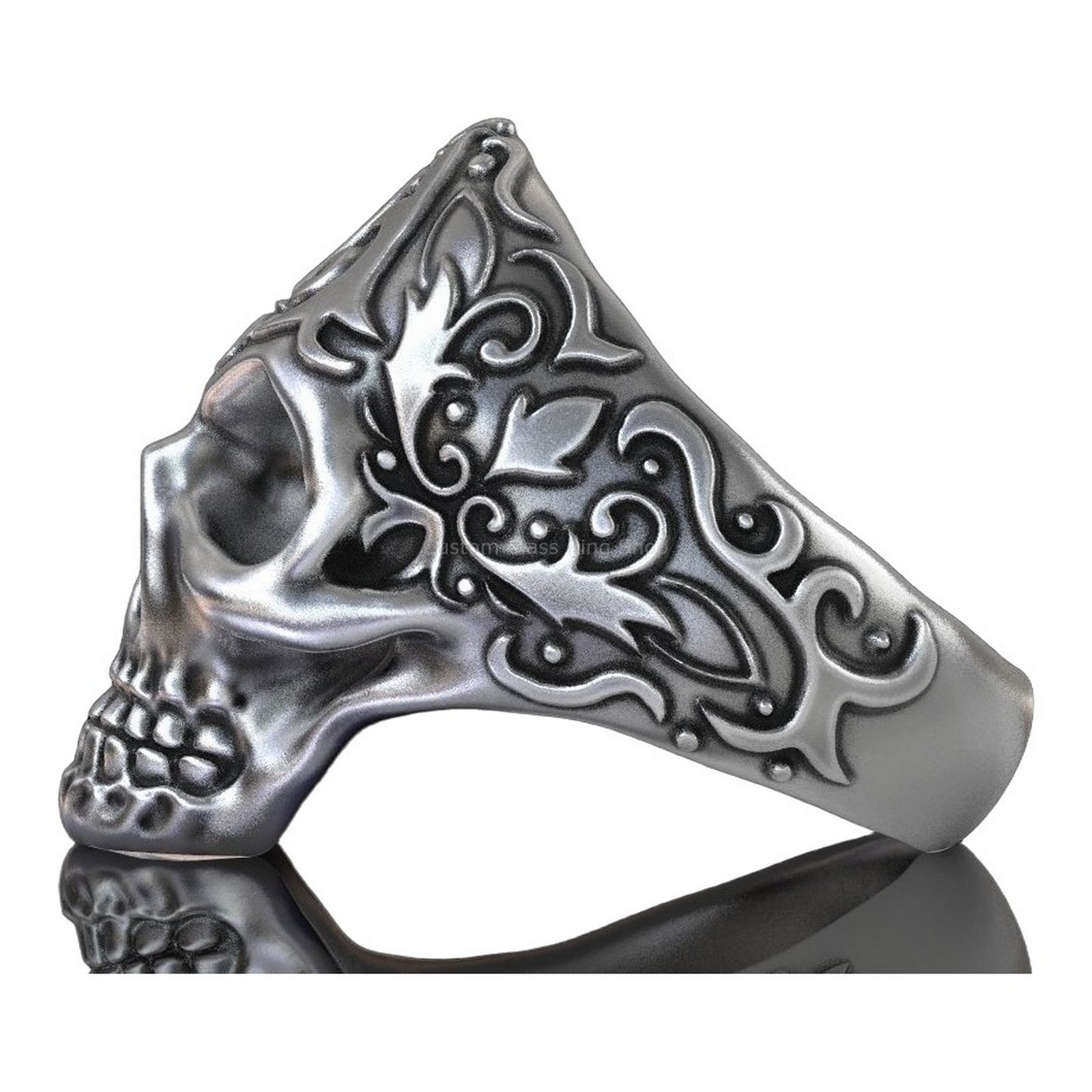 Sterling silver skull statement ring, left side profile angle