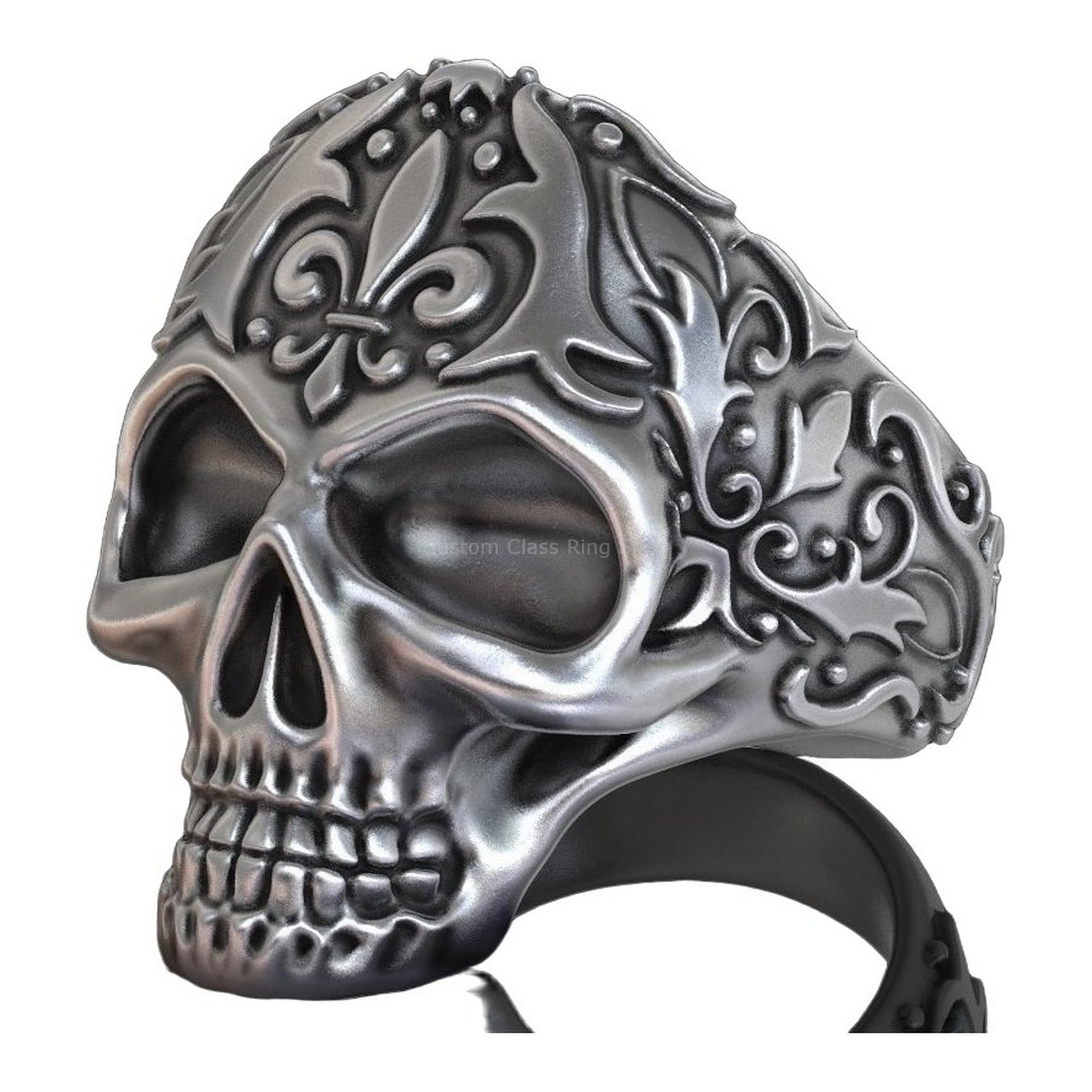 Sterling silver skull statement ring, side band and shoulder detail