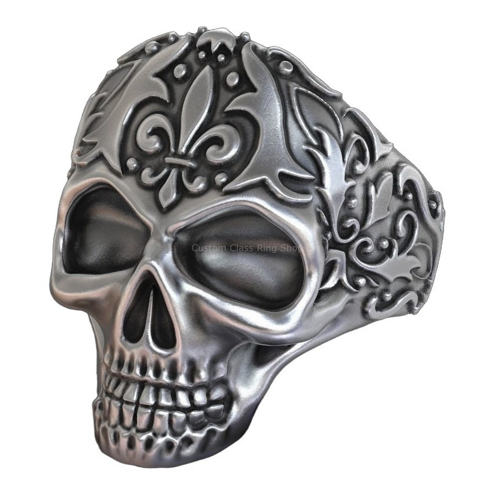 Sterling silver skull statement ring, front full-face view
