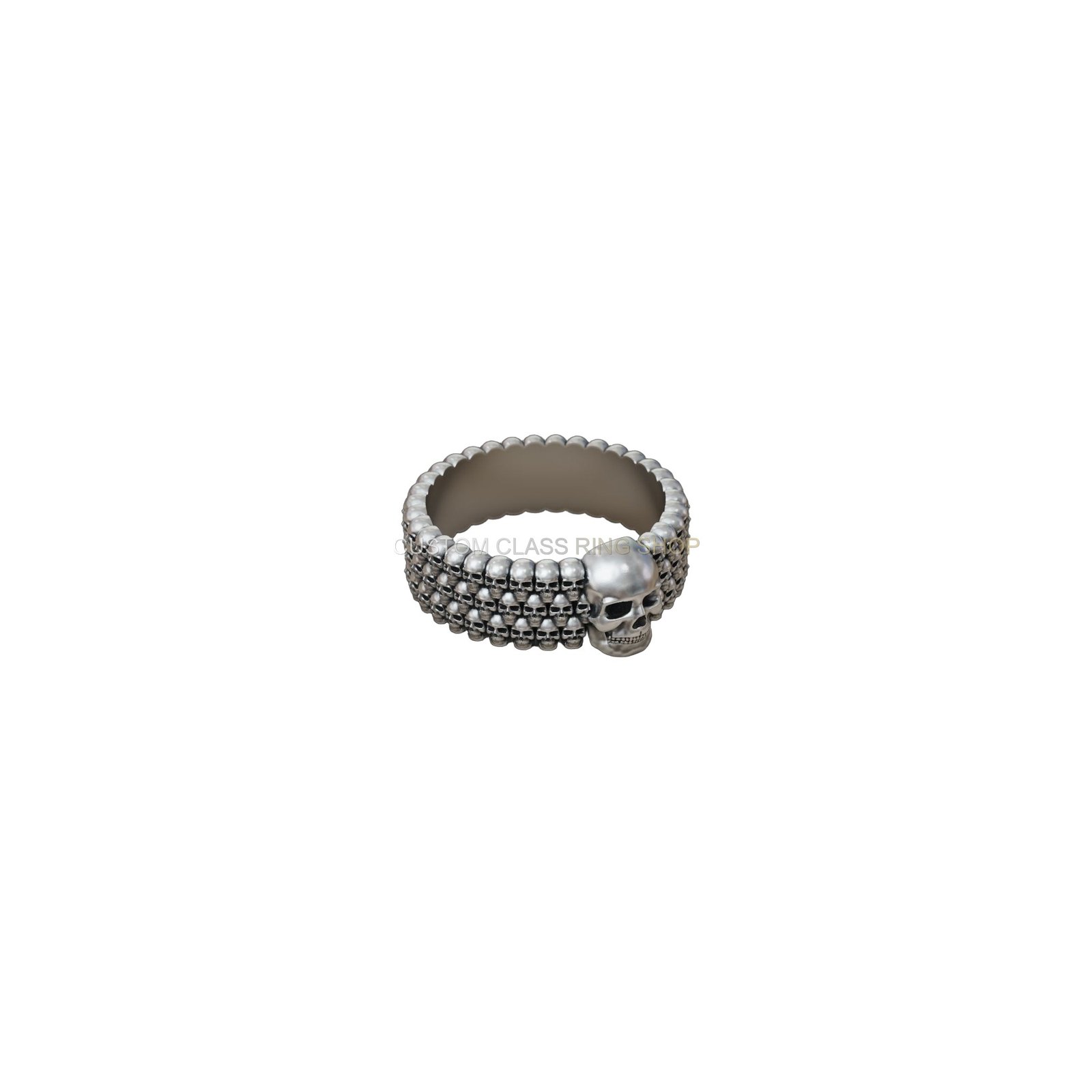 Mens sterling silver skull biker ring, angled perspective full ring
