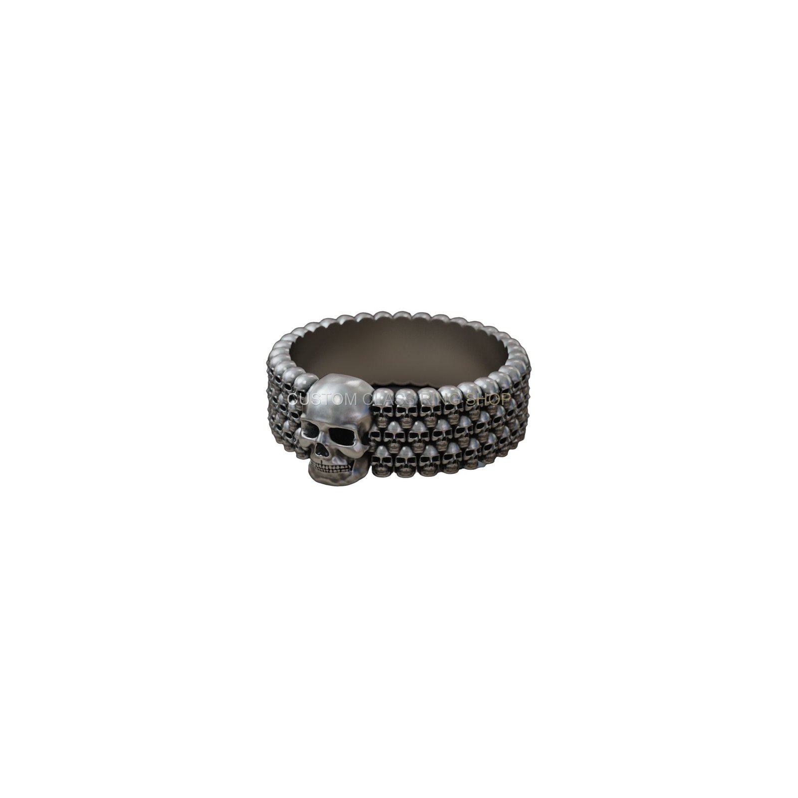 Mens sterling silver skull biker ring with beaded spheres and oxidized finish