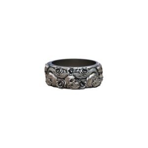 Sterling silver skulls roses serpent statement ring front view