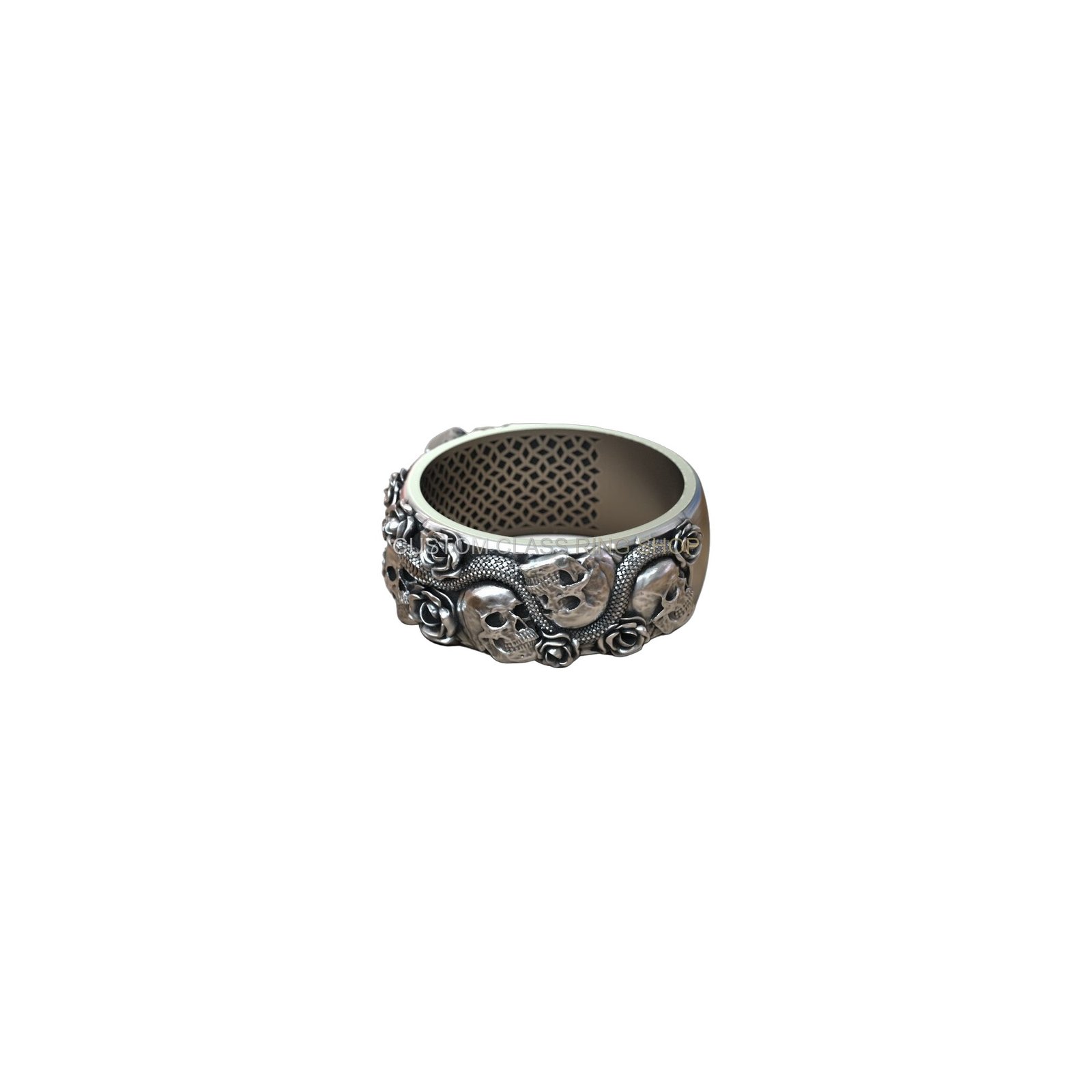 Sterling silver skulls roses serpent ring, angled three-quarter profile