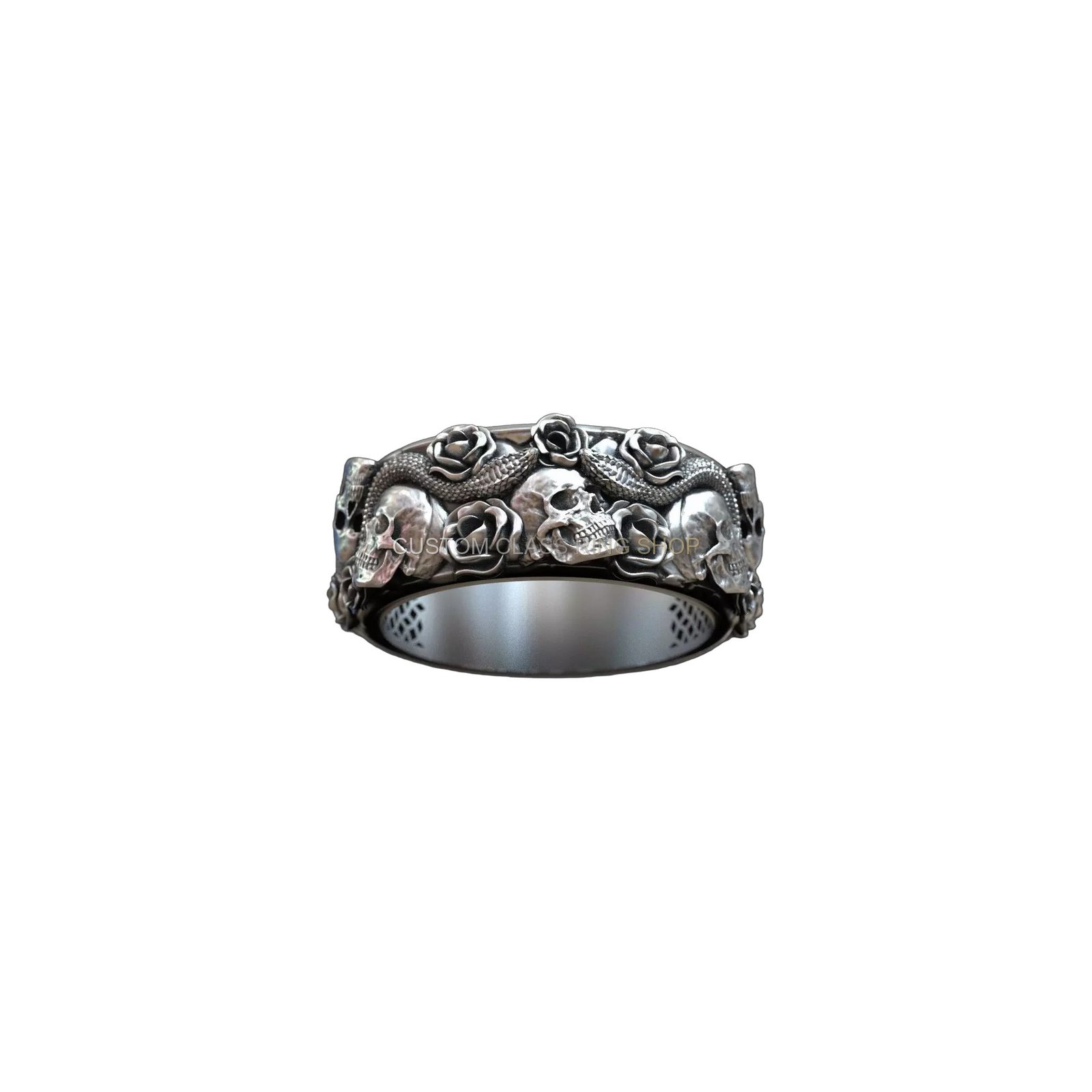 Sterling silver skulls roses serpent ring, top angled perspective