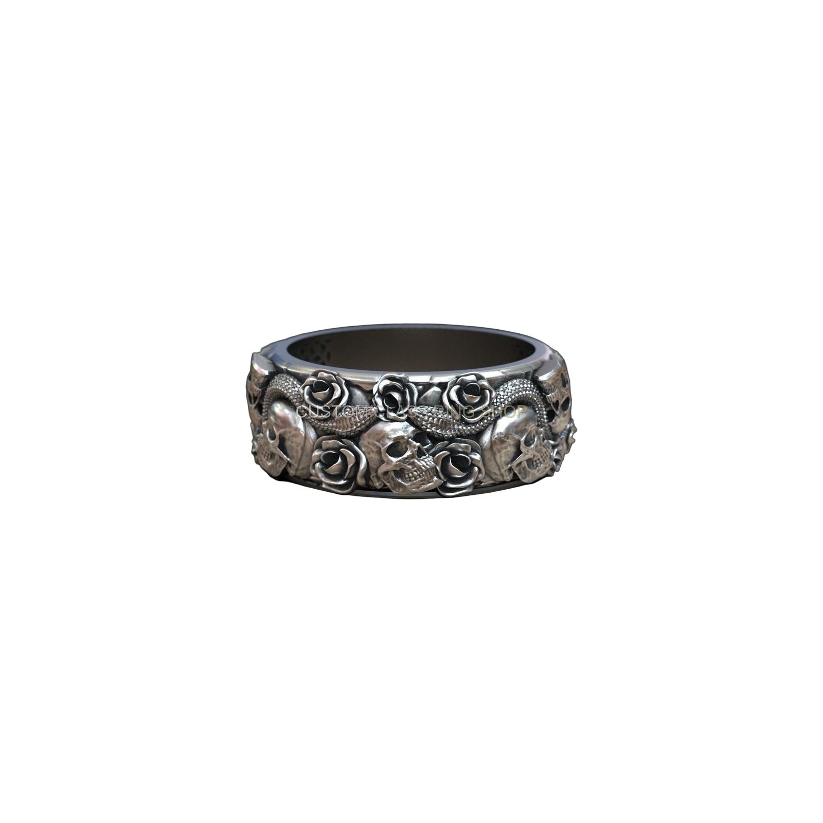 Sterling silver skulls roses serpent ring, side and band detail
