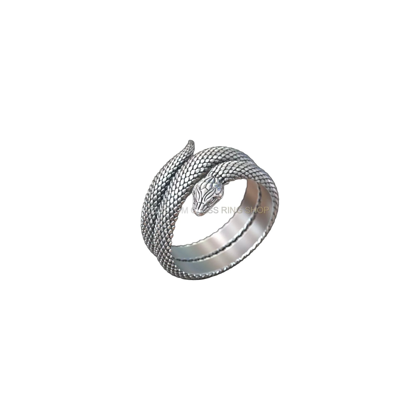 Sterling silver snake serpent scales ring, three-quarter angled view of serpent coil and head