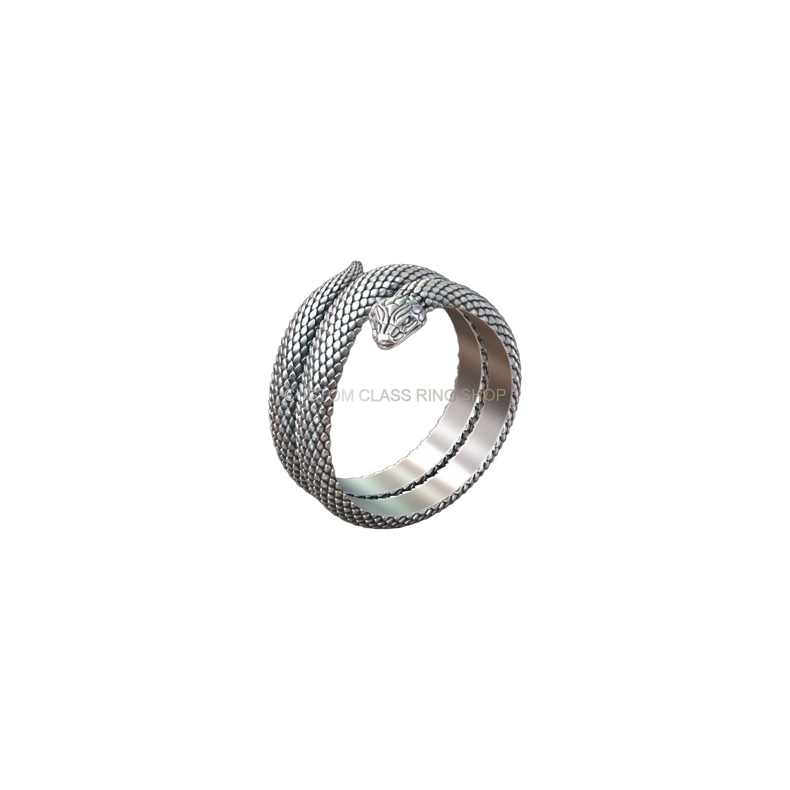 Sterling silver snake serpent scales ring, left side profile of coiled serpent detail