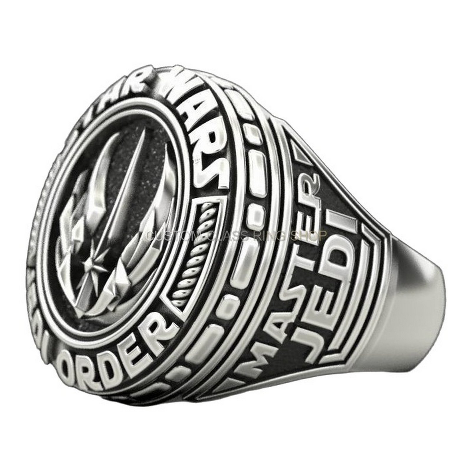 Mens sterling silver jedi order ring, angled three-quarter view showing face and band