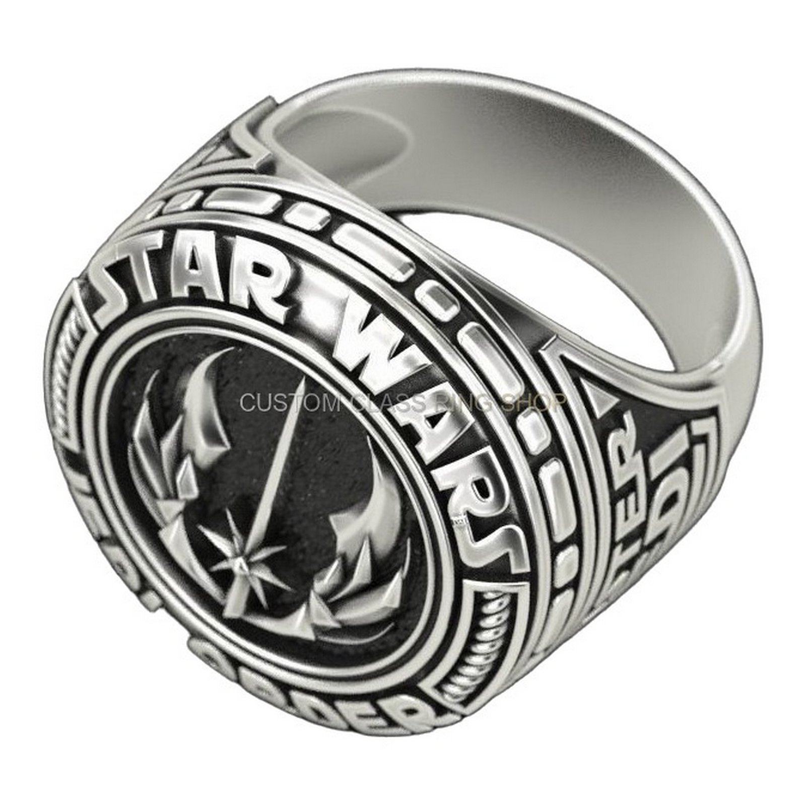 Mens sterling silver jedi order ring, front head-on centered view of emblem