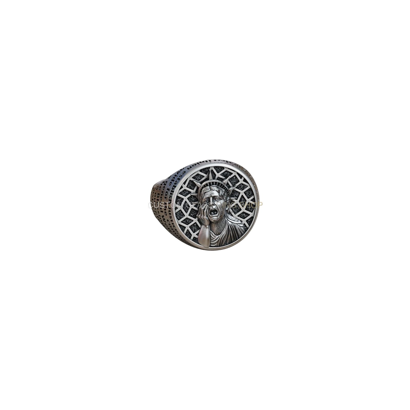 Sterling silver statue of liberty ring, front head-on view