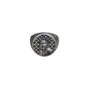 Sterling silver statue of liberty ring with geometric lattice border