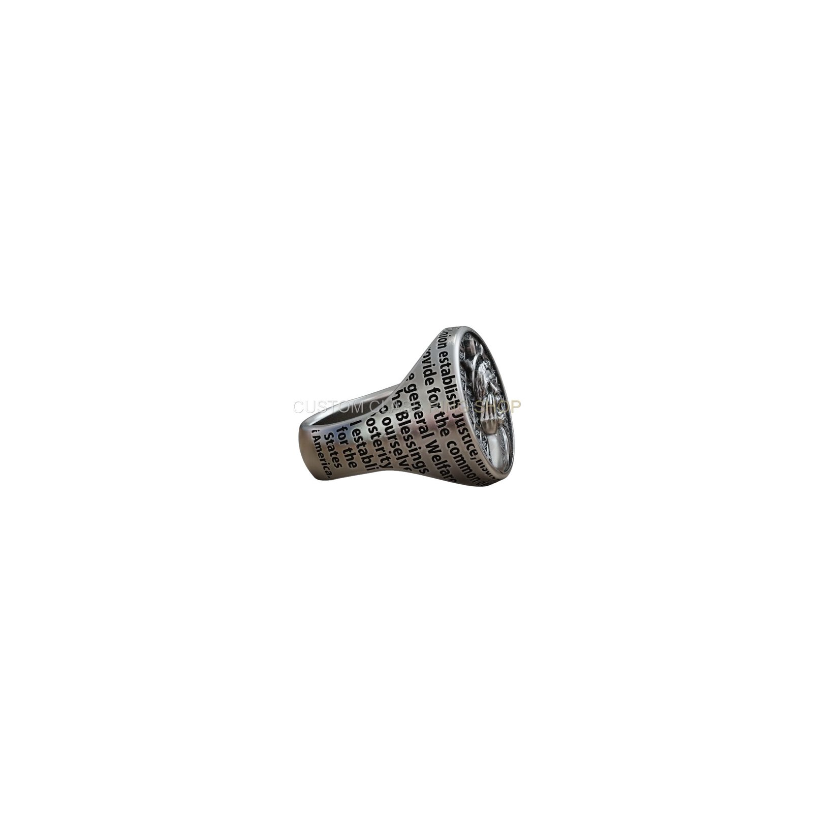 Sterling silver statue of liberty ring, angled three-quarter display