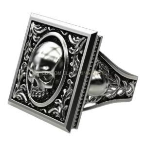 925 sterling silver gothic skull ring oxidized with baroque scroll border