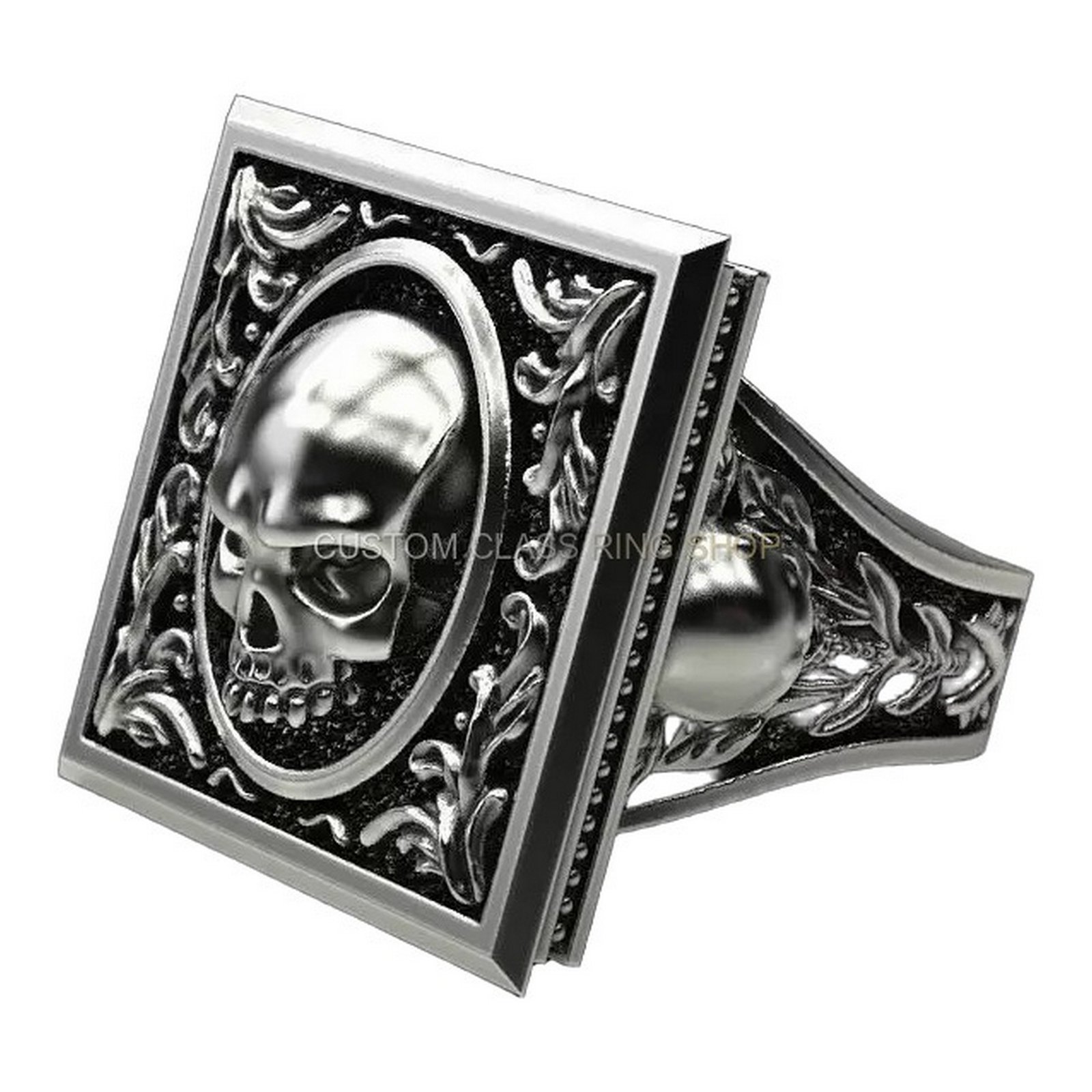 925 sterling silver gothic skull ring oxidized with baroque scroll border