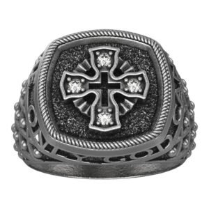 Sterling silver cross diamond pattern ring with rope border and beaded shoulders