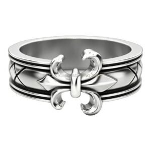 Sterling silver heraldic lily statement ring with oxidized band, front view