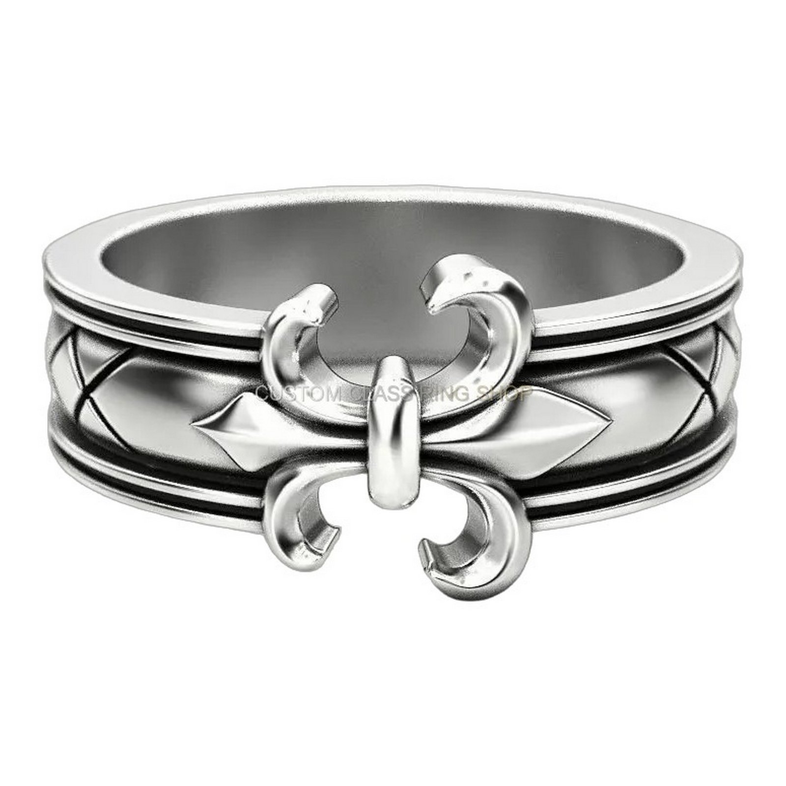 Sterling silver heraldic lily statement ring with oxidized band, front view