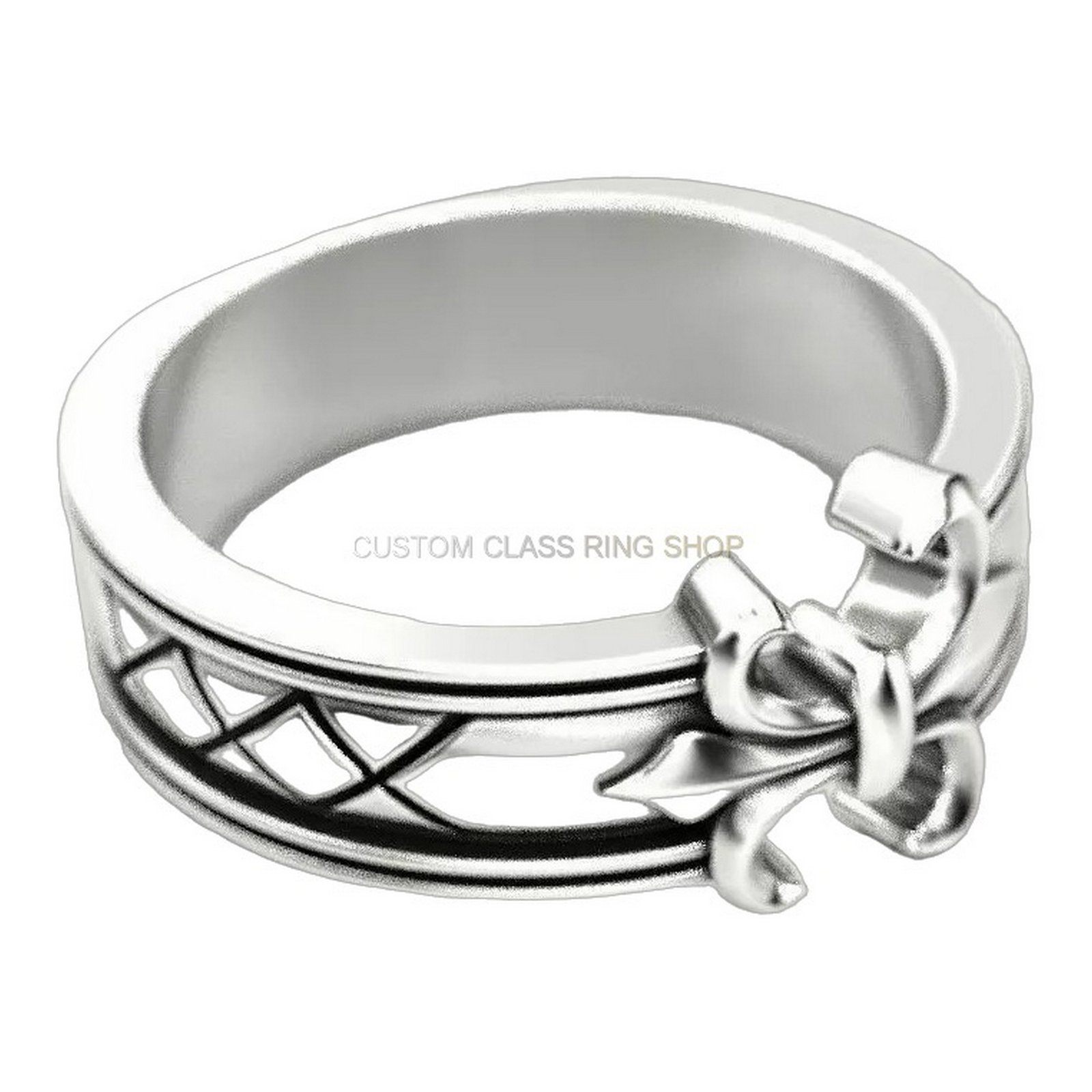 Sterling silver heraldic lily statement ring, angled three-quarter polished view