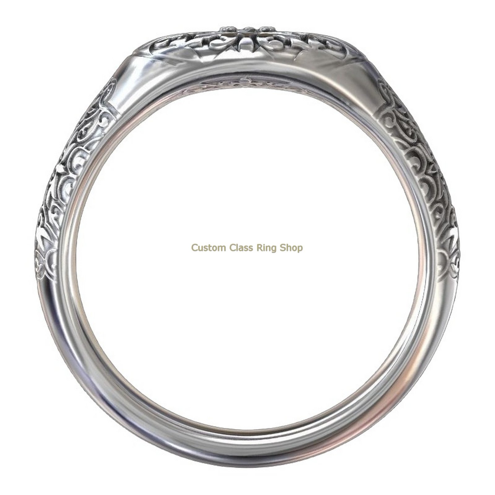 Sterling silver floral signet ring, side profile band view