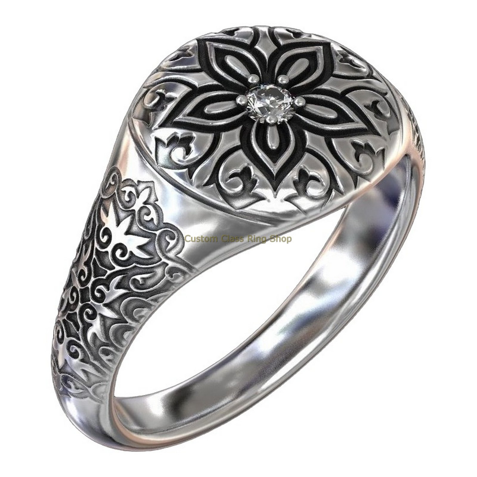 Sterling silver floral signet ring, angled three-quarter front view