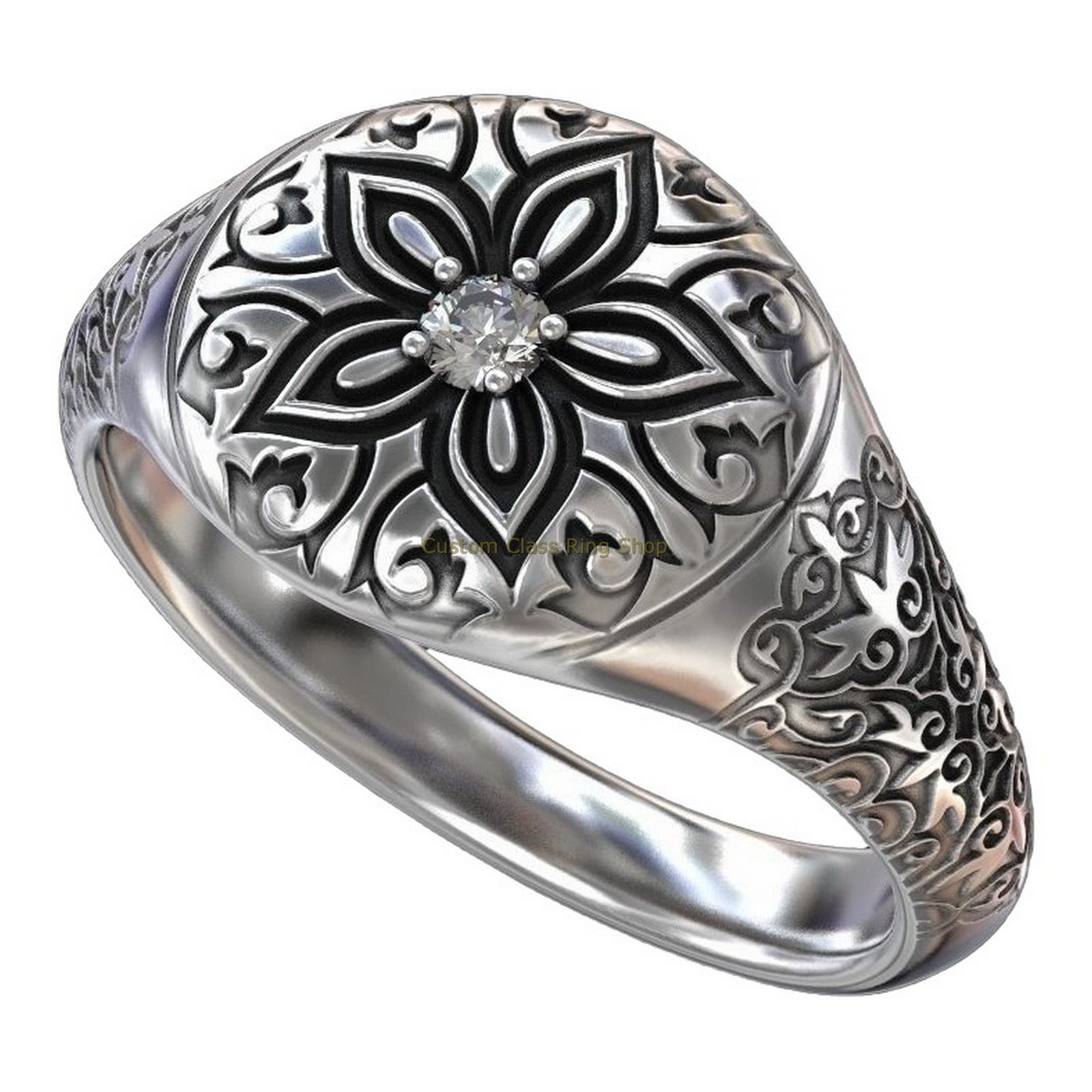 Sterling silver floral signet ring, angled diagonal shoulder view