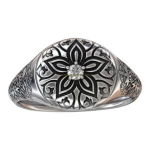 Sterling silver floral signet ring with oxidized baroque details