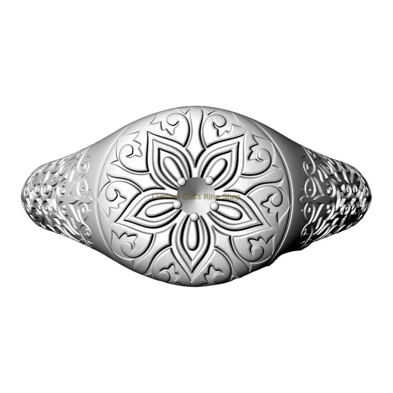 Sterling silver floral signet ring, top-down flat seal view