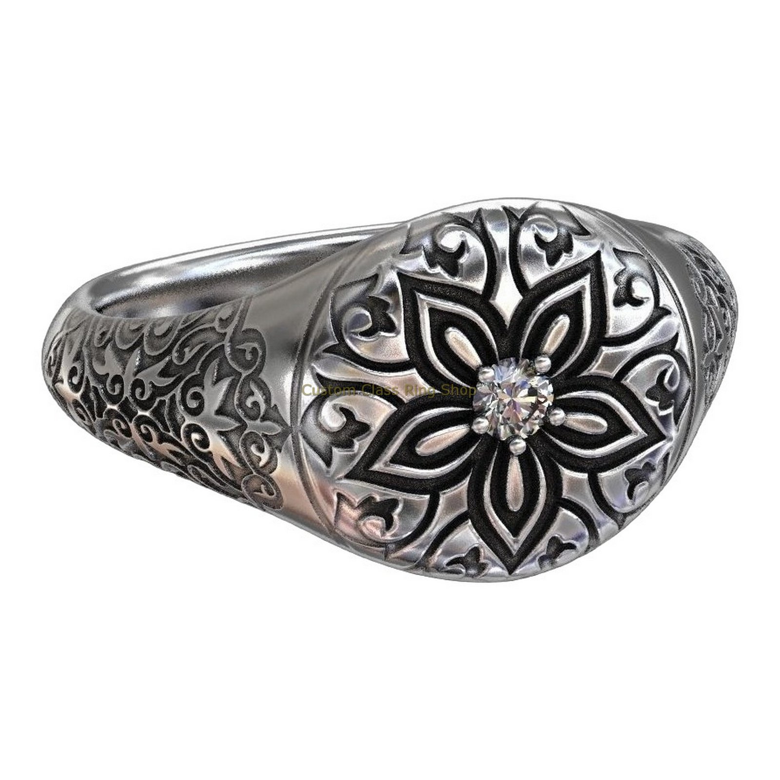 Sterling silver floral signet ring, side profile angled view