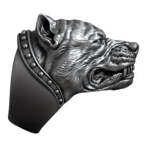 Sterling silver angry pitbull head ring with studded collar frame, oxidized finish