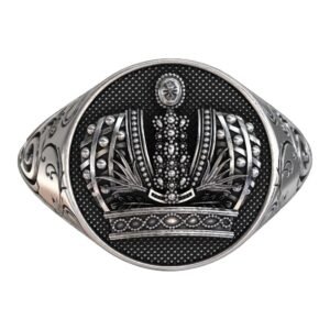 sterling silver crown signet ring with beaded frame and acanthus engravings