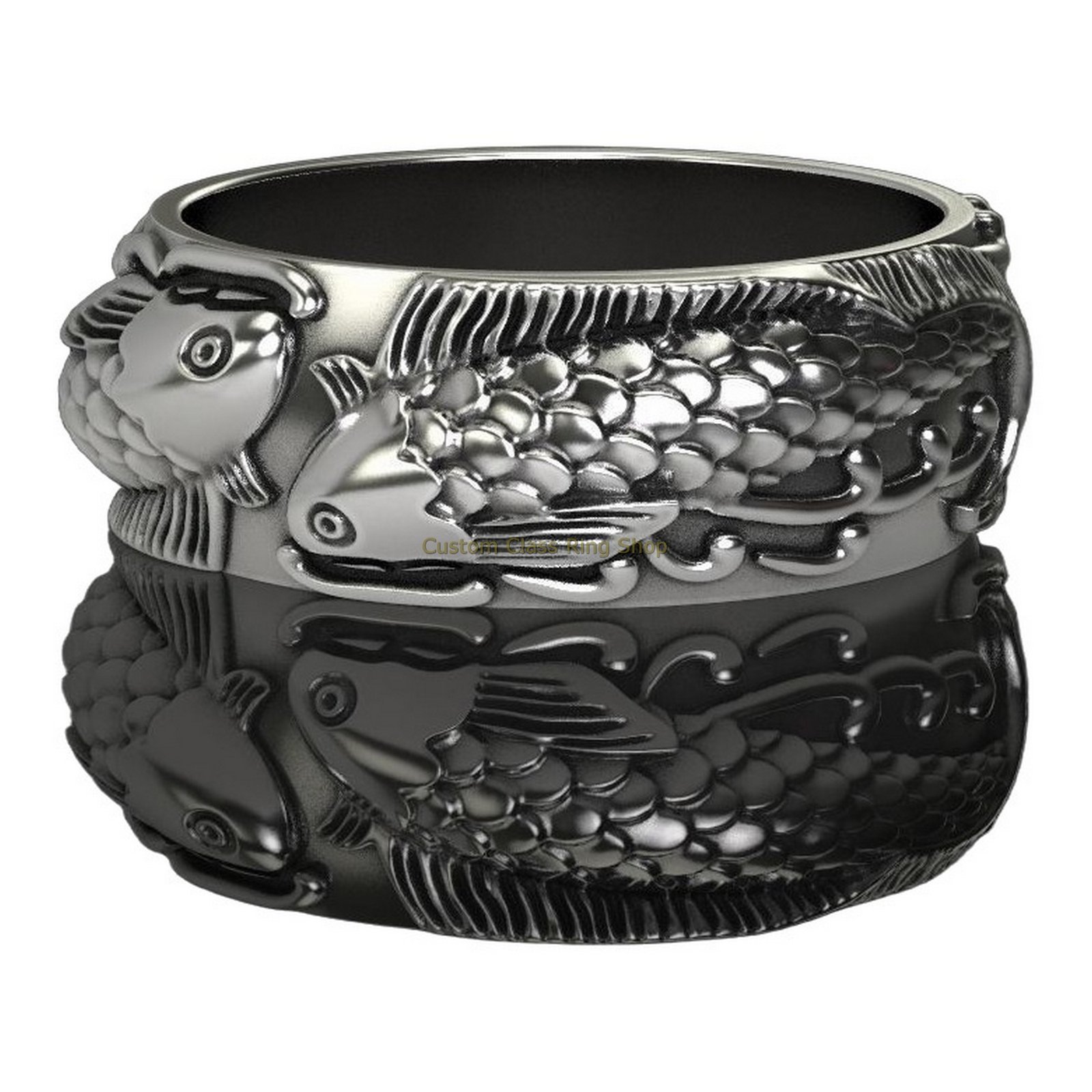Sterling silver fish statement ring, oxidized silver band detail