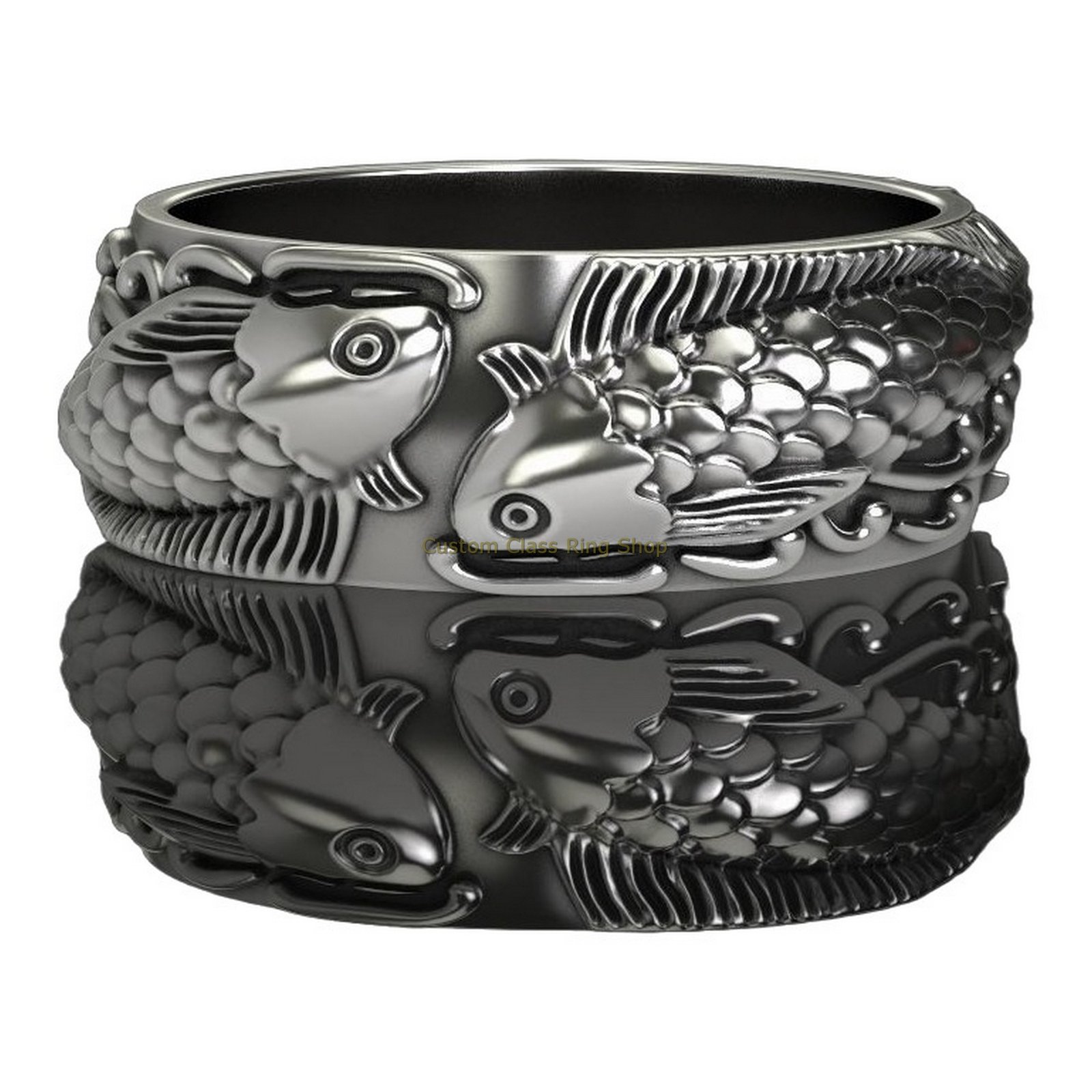 Sterling silver fish statement ring, front facing fish motif view