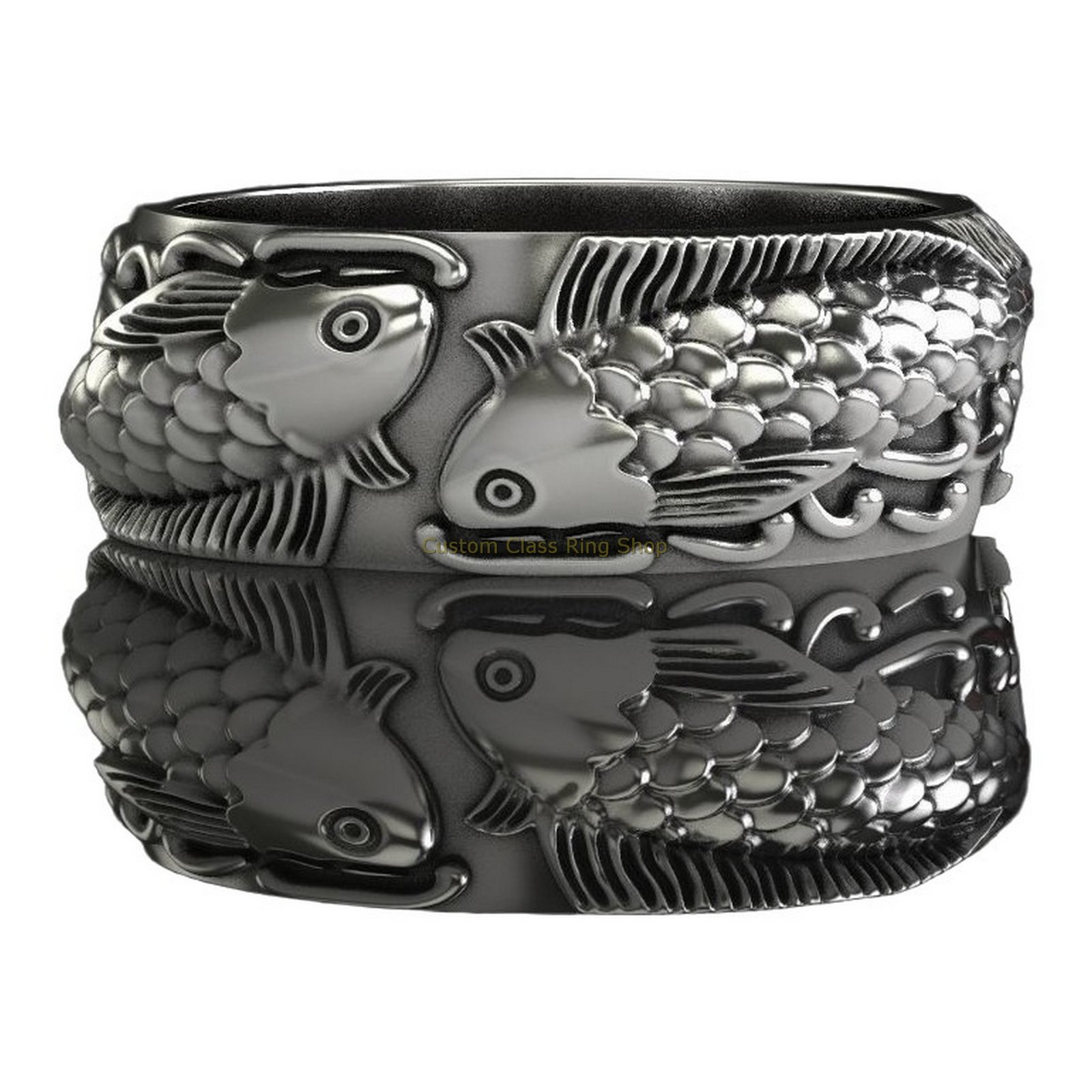 Sterling silver fish statement ring, angled three-quarter perspective