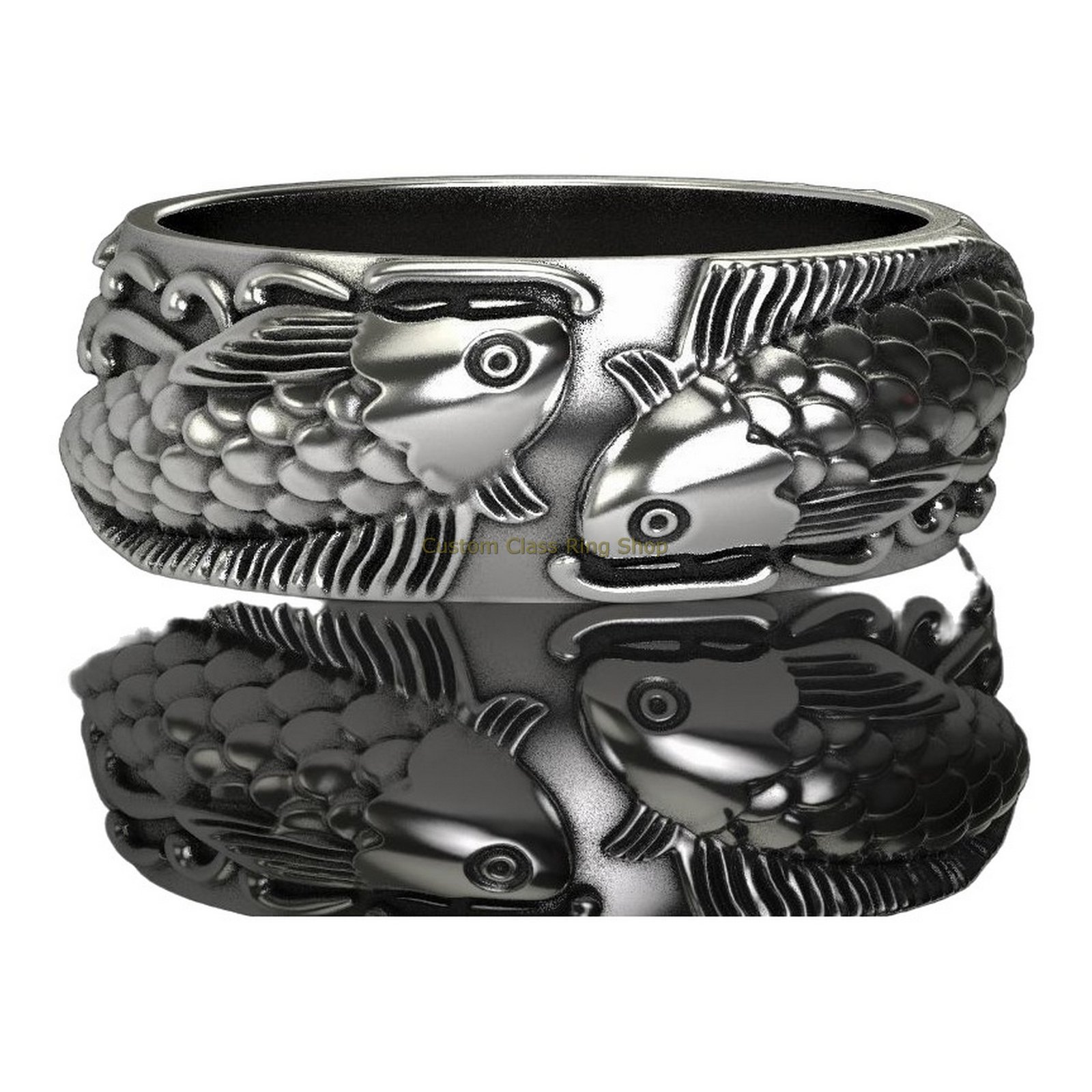 Sterling silver fish statement ring, side profile showing fish detail