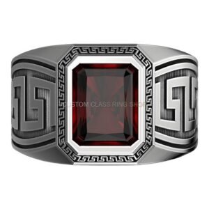 Sterling silver greek ornament statement ring with oxidized meander border